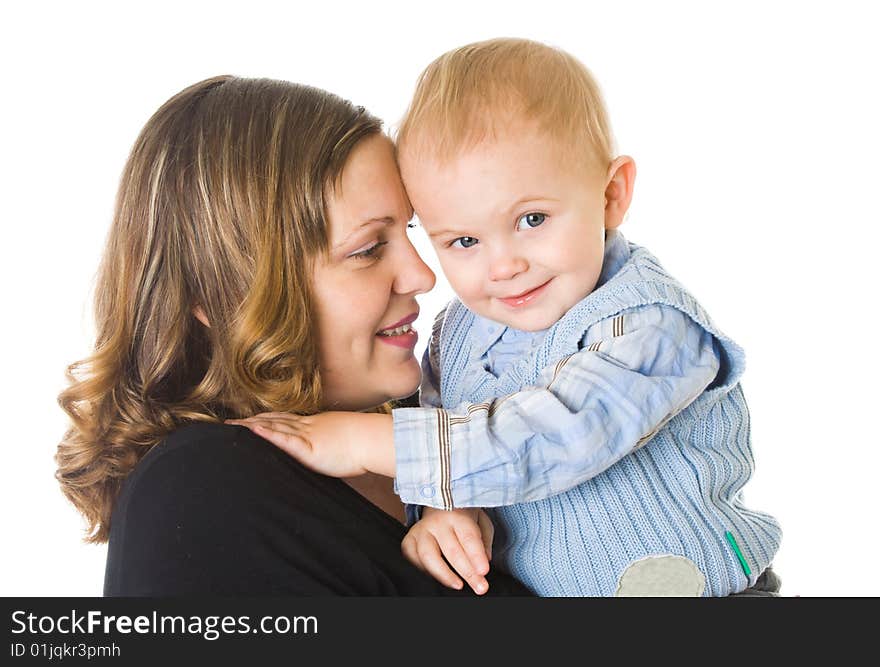 Mother and son. Isolated on white background