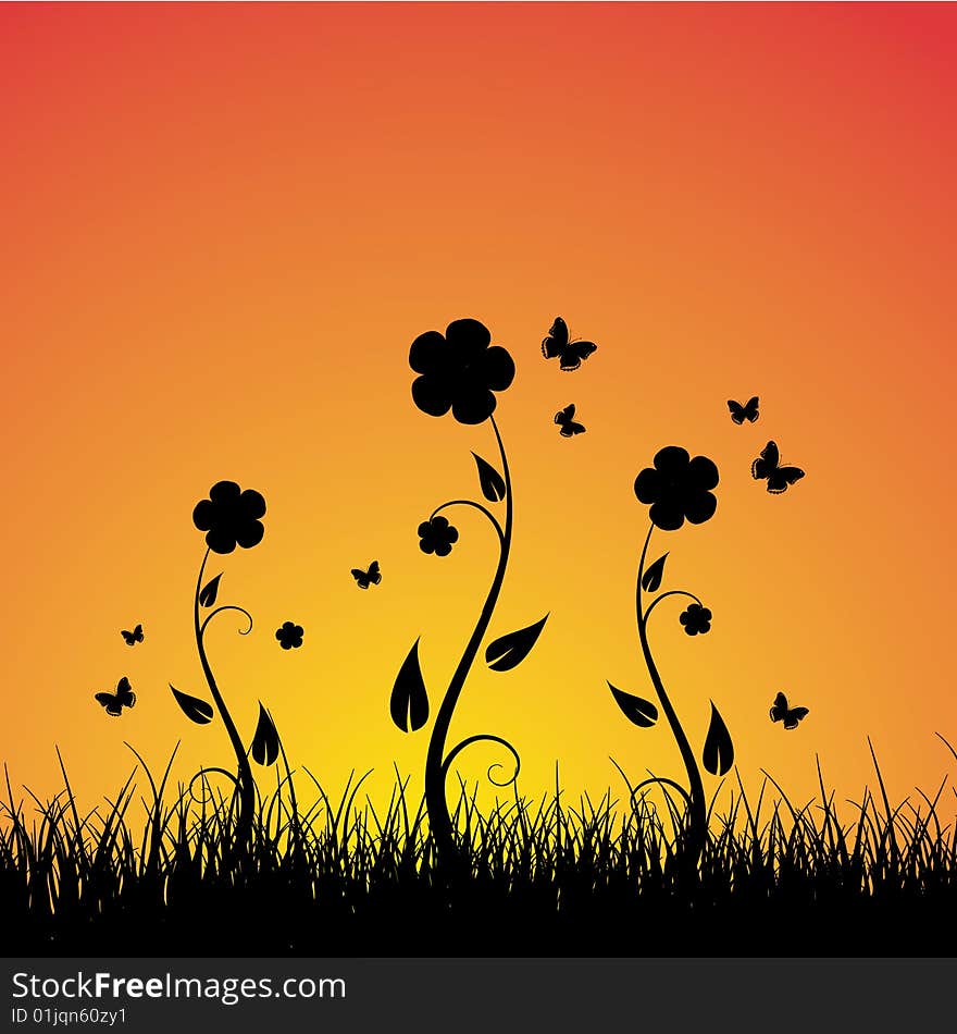 Summer sunset background with butterflies