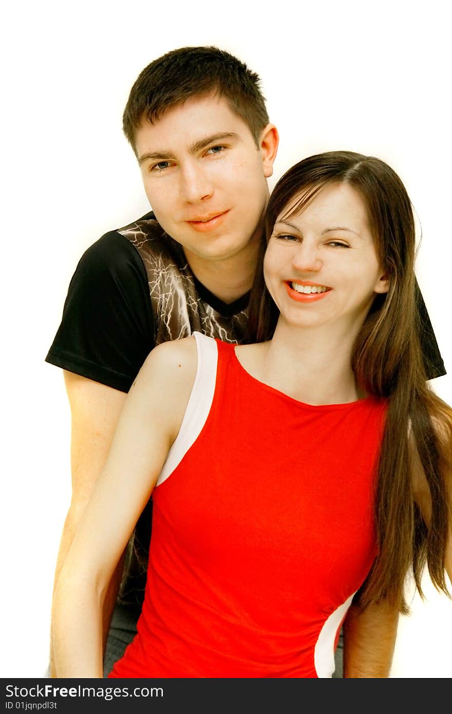 Young happy couple over white