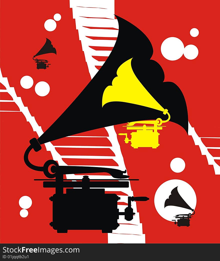 Silhouette of the gramophone on red background