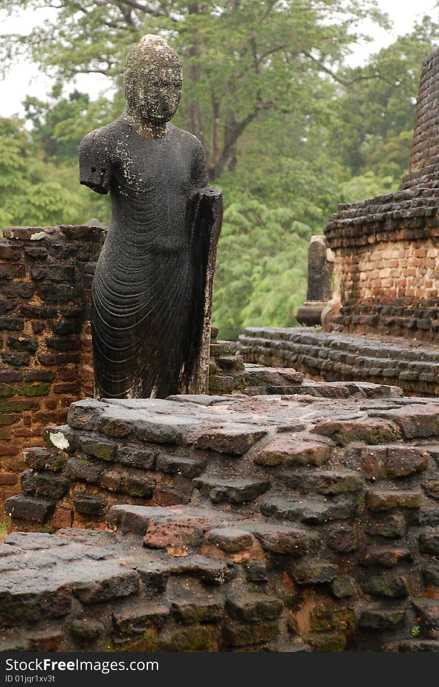 The statue of the 12th century in the town of Polonnaruwa in Sri Lanka. This town used to be the capital of the country.