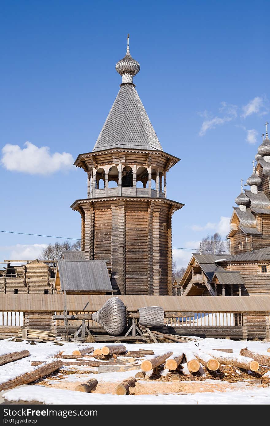 Building a church and belltower by wood