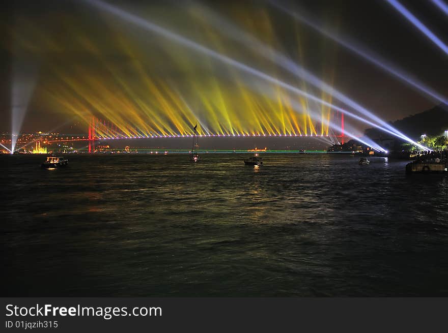 Firework And Light Show In Istanbul Bridge