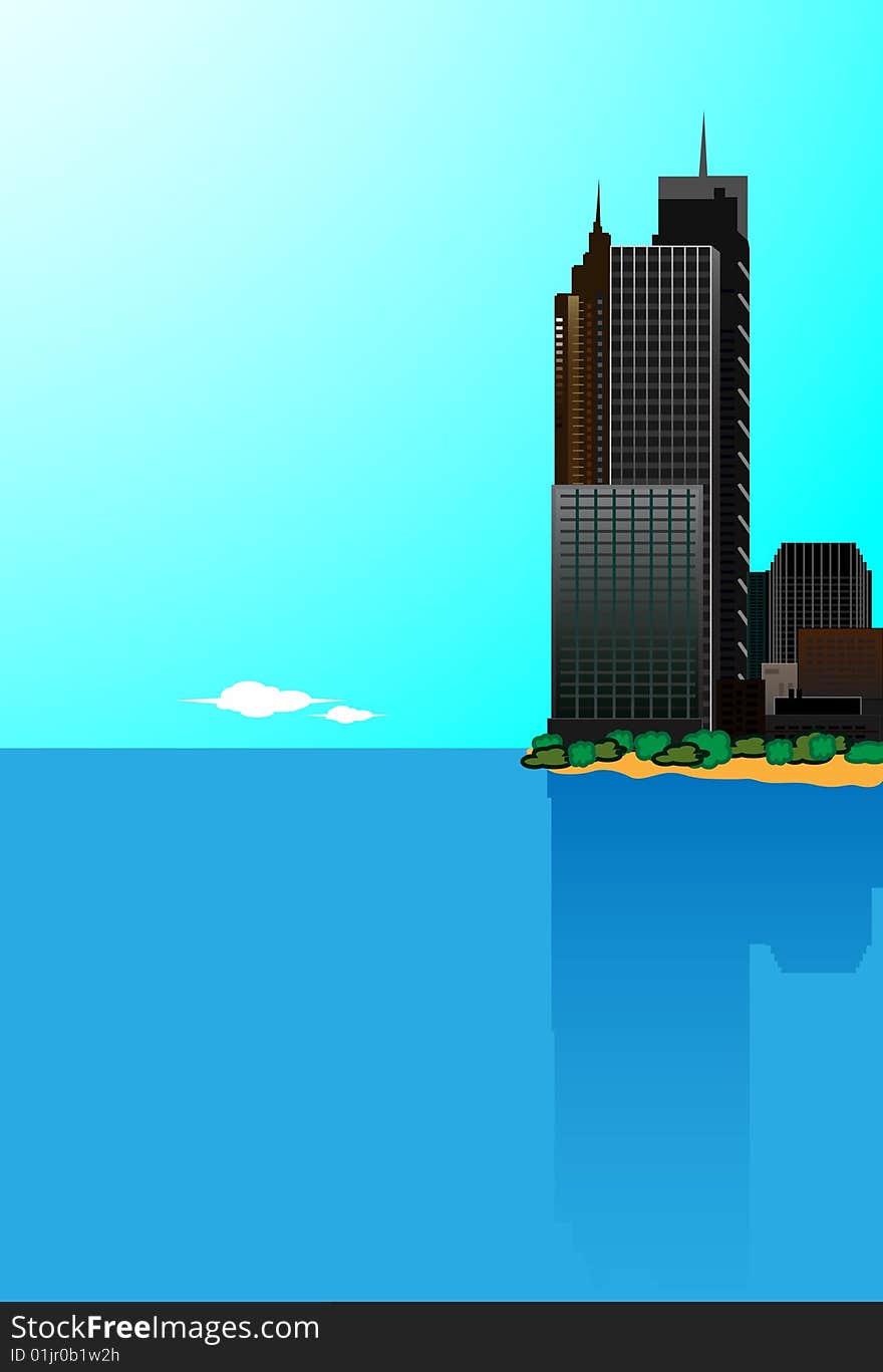 Landscape with a city at coast Vector. Wiyhout mesh.