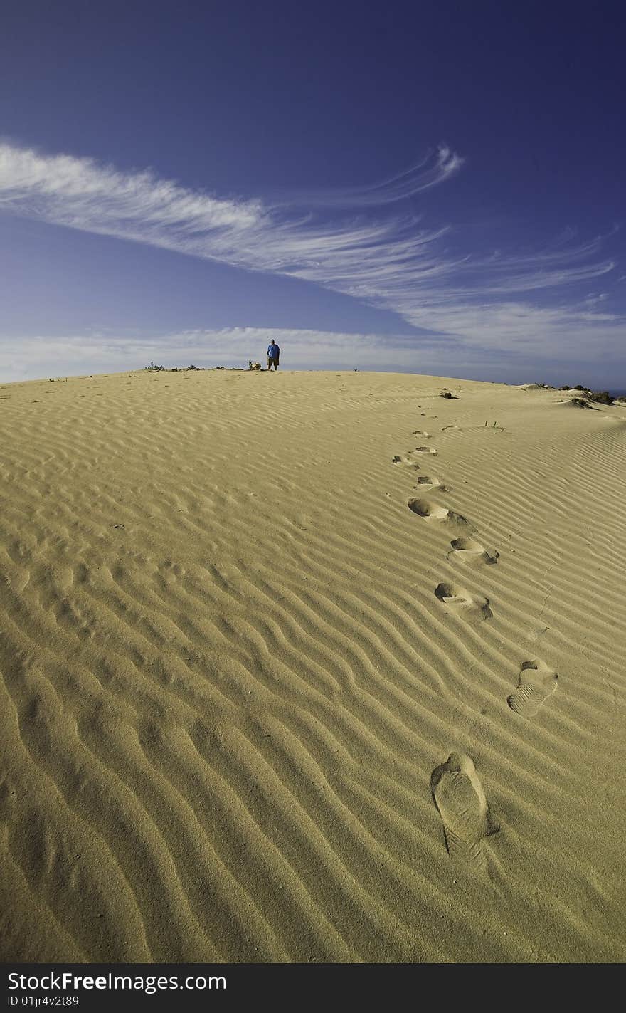 Footprints in the sand contemplating the view