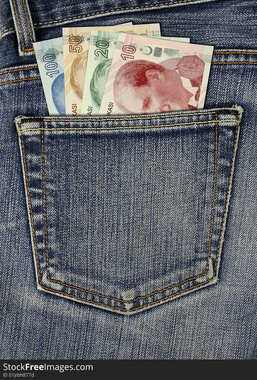 Jean texture with pocket and turkish lira banknotes. Jean texture with pocket and turkish lira banknotes