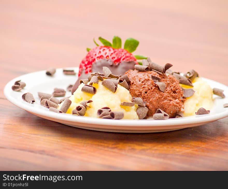 Delicious icecream dessert on white plate