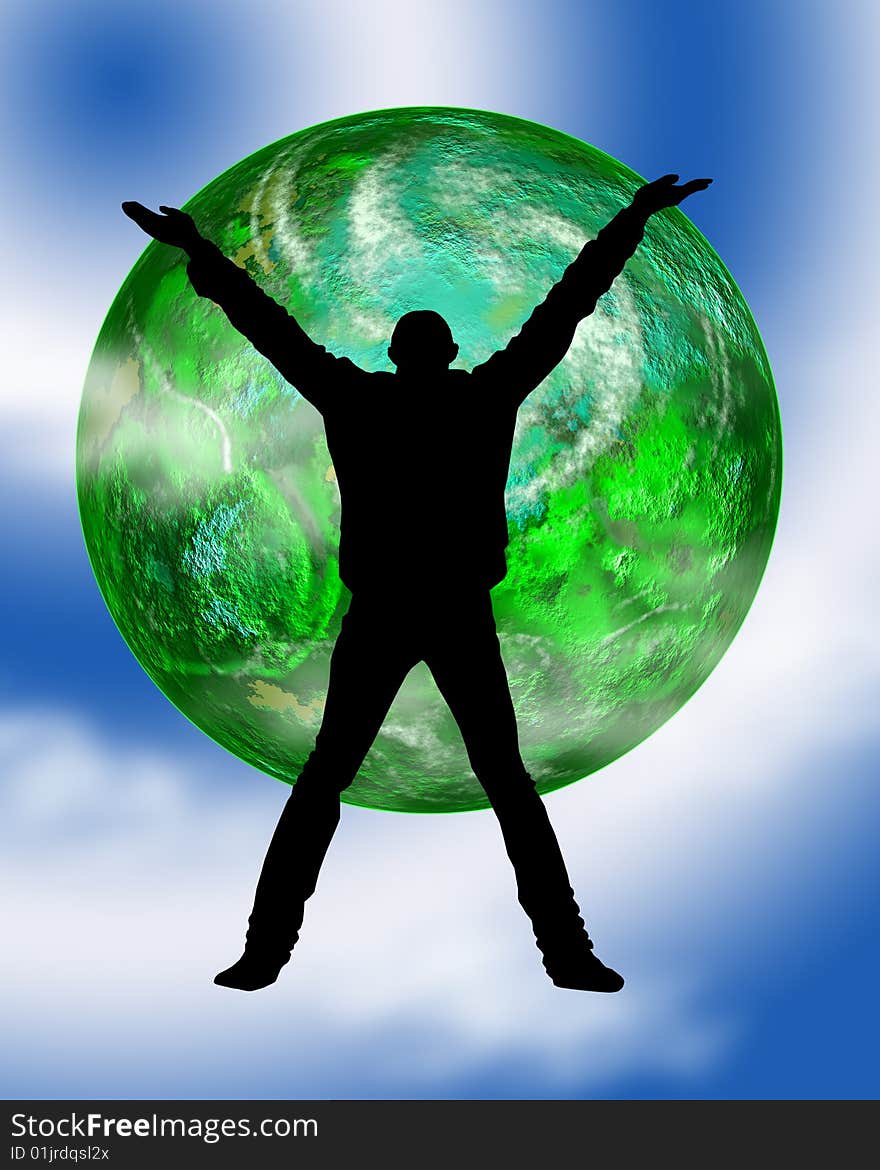 Computer made background image with green earth and a silhouette. Computer made background image with green earth and a silhouette