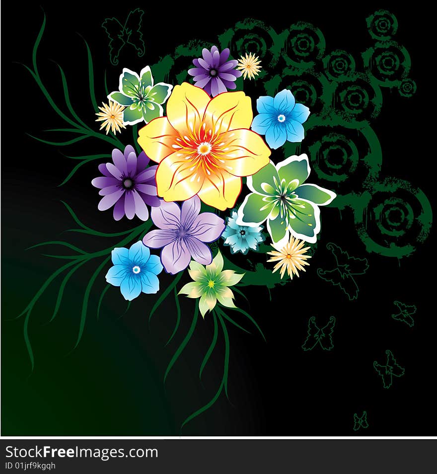 Abstract colorful flowers on dark background, , illustration. Abstract colorful flowers on dark background, , illustration