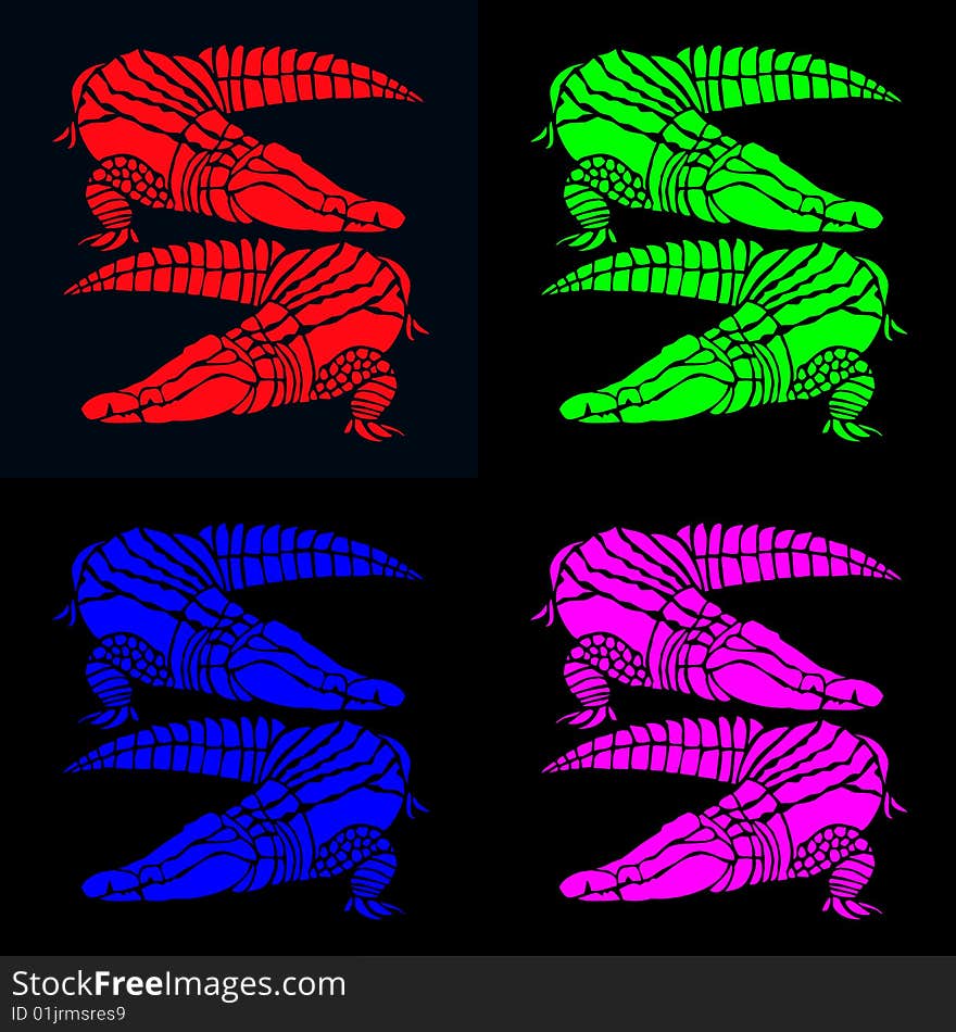 Vibrant pairs of crocodiles in red, green, blue and pink on contrasting black. Vibrant pairs of crocodiles in red, green, blue and pink on contrasting black