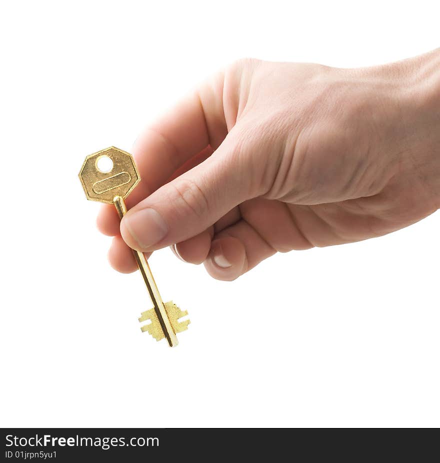 Hand with key isolated on white. Hand with key isolated on white