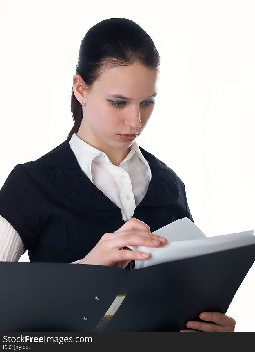 The beautiful businesswoman in a black jacket. The beautiful businesswoman in a black jacket