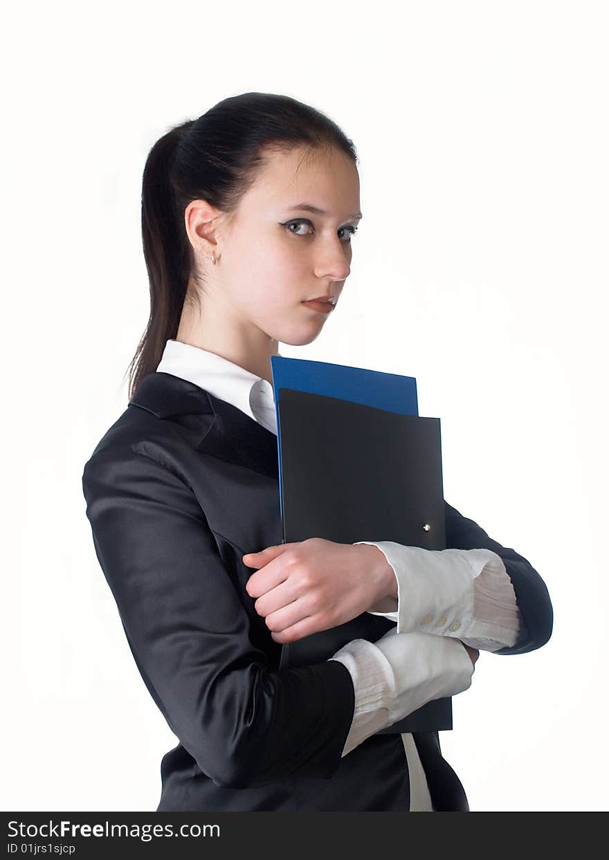 The beautiful businesswoman in a black jacket. The beautiful businesswoman in a black jacket