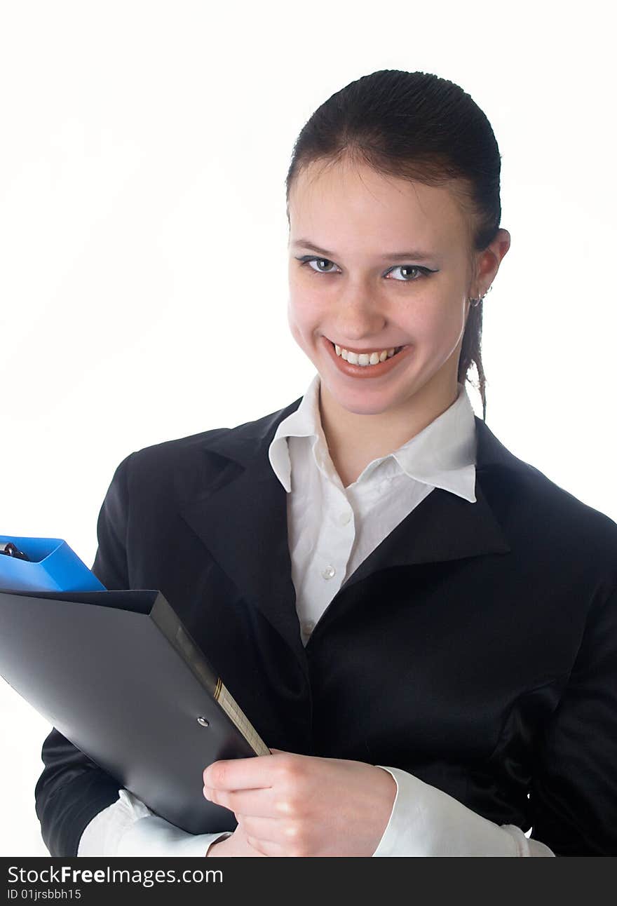 The beautiful businesswoman in a black jacket. The beautiful businesswoman in a black jacket