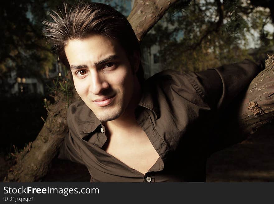 Young man with his arms wrapped around a tree branch. Young man with his arms wrapped around a tree branch