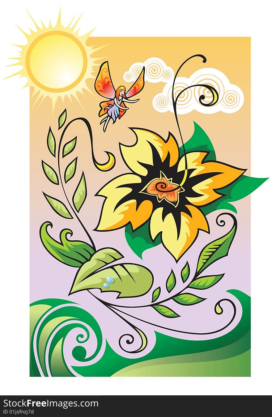 Little Fairy flying over beautiful flower with a lot of tendrils and leaves, floral ornament, vector illustration