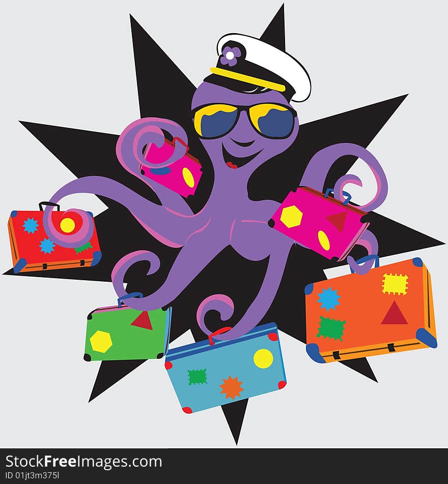 Abstract vector illustration of a smiling octopus with his sunglasses and a captain hat, holding suitcases. Abstract vector illustration of a smiling octopus with his sunglasses and a captain hat, holding suitcases.