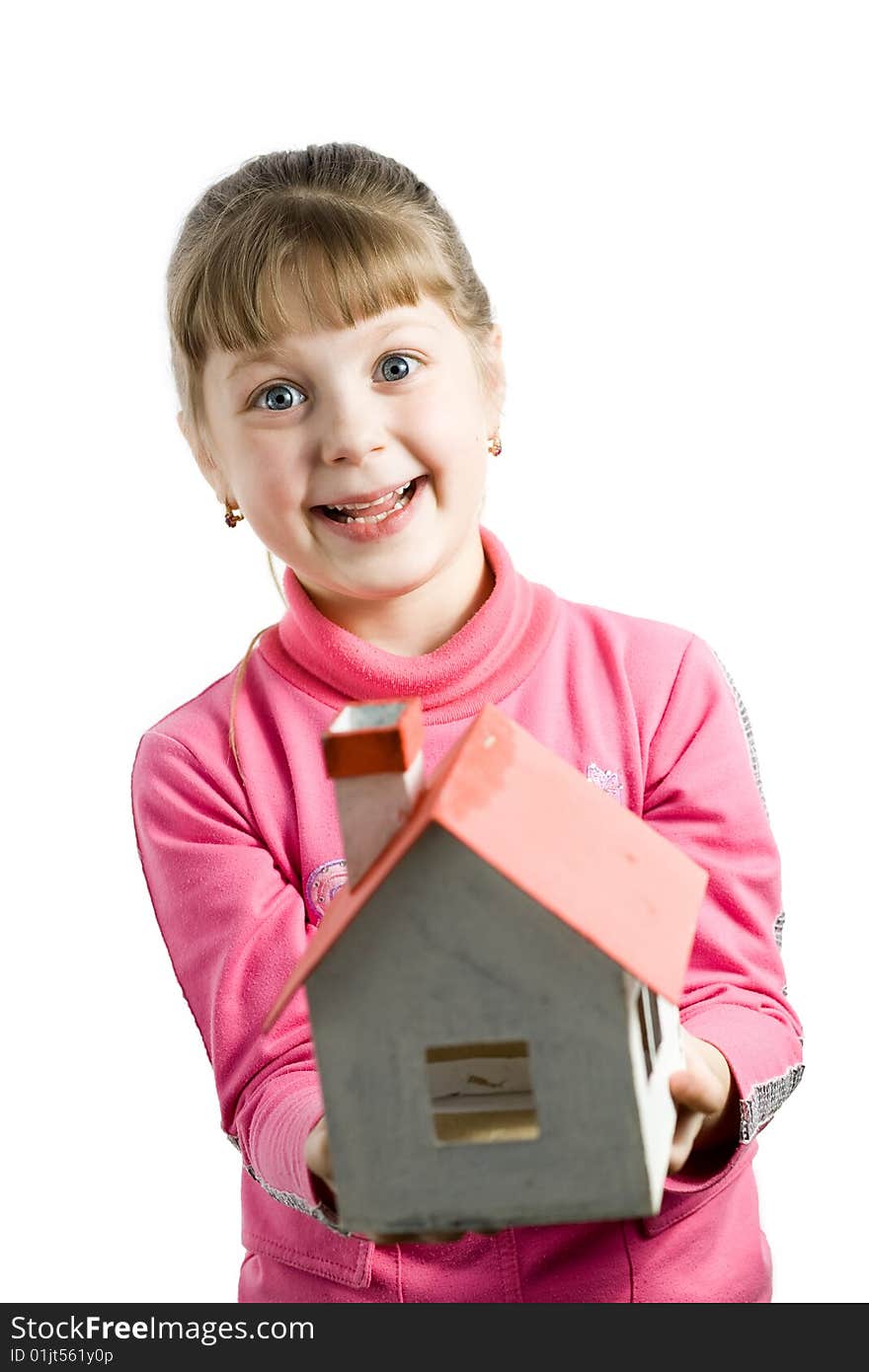 Stock photo: an image of a girl with a little house in her hands. Stock photo: an image of a girl with a little house in her hands