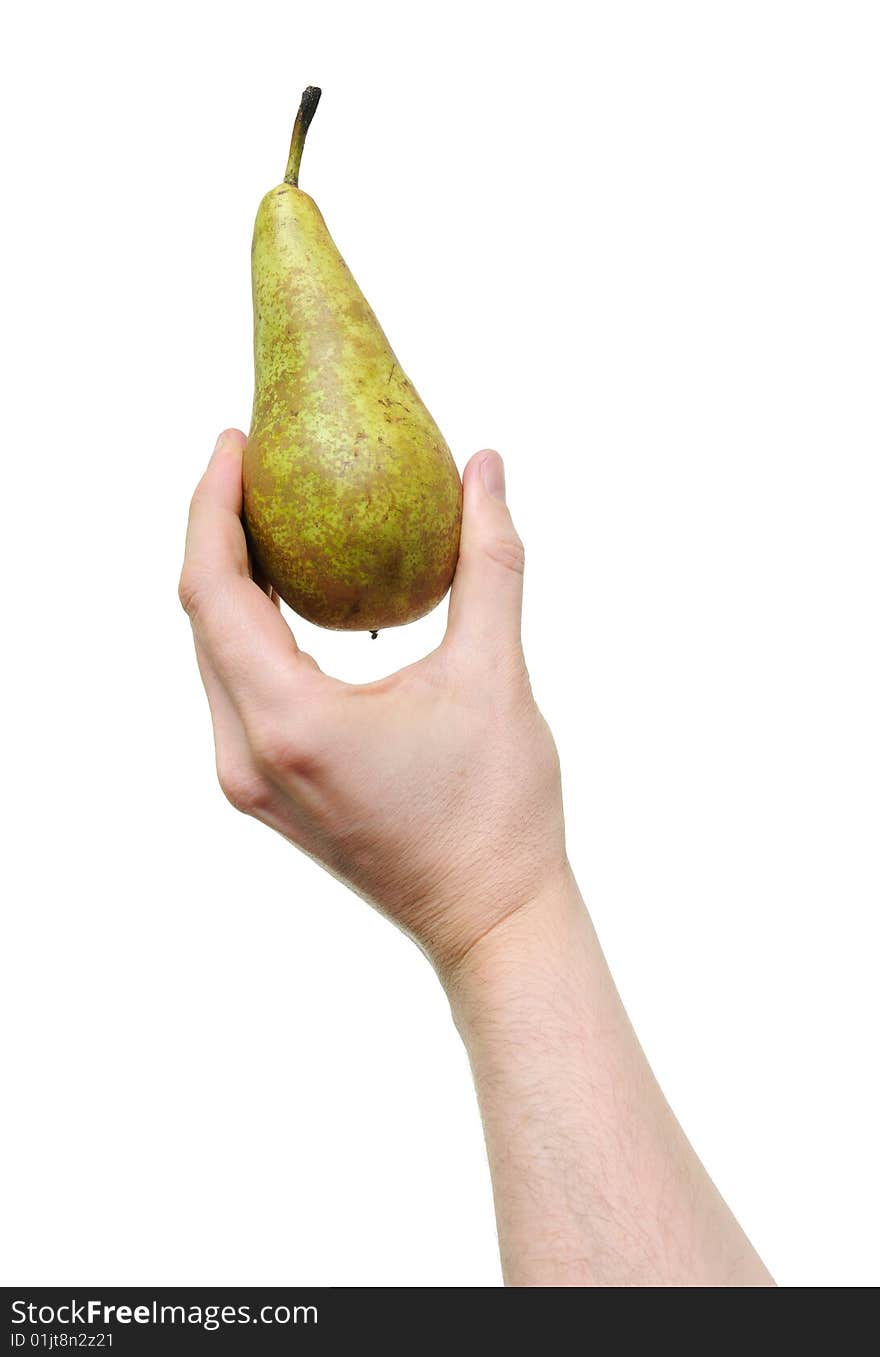 Hand holding pear isolated on white background