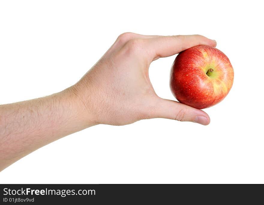 Hand holding red apple isolated on white background