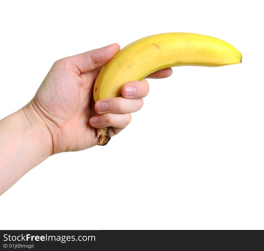 Hand pointing banana isolated on white background