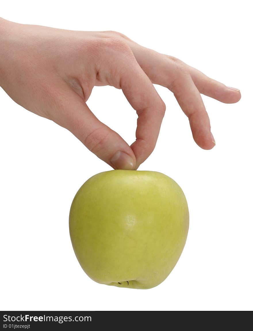 Color photograph hand holding a green apple on a white background. Color photograph hand holding a green apple on a white background