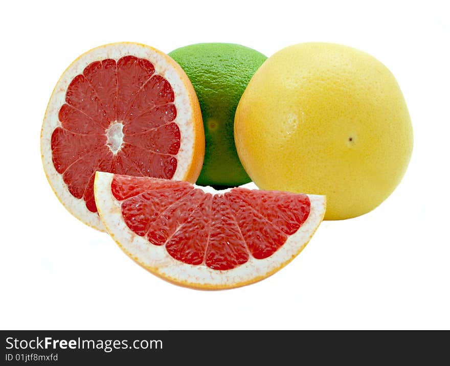 Bright yellow, red, green grapefruit isolated on a white background. Bright yellow, red, green grapefruit isolated on a white background