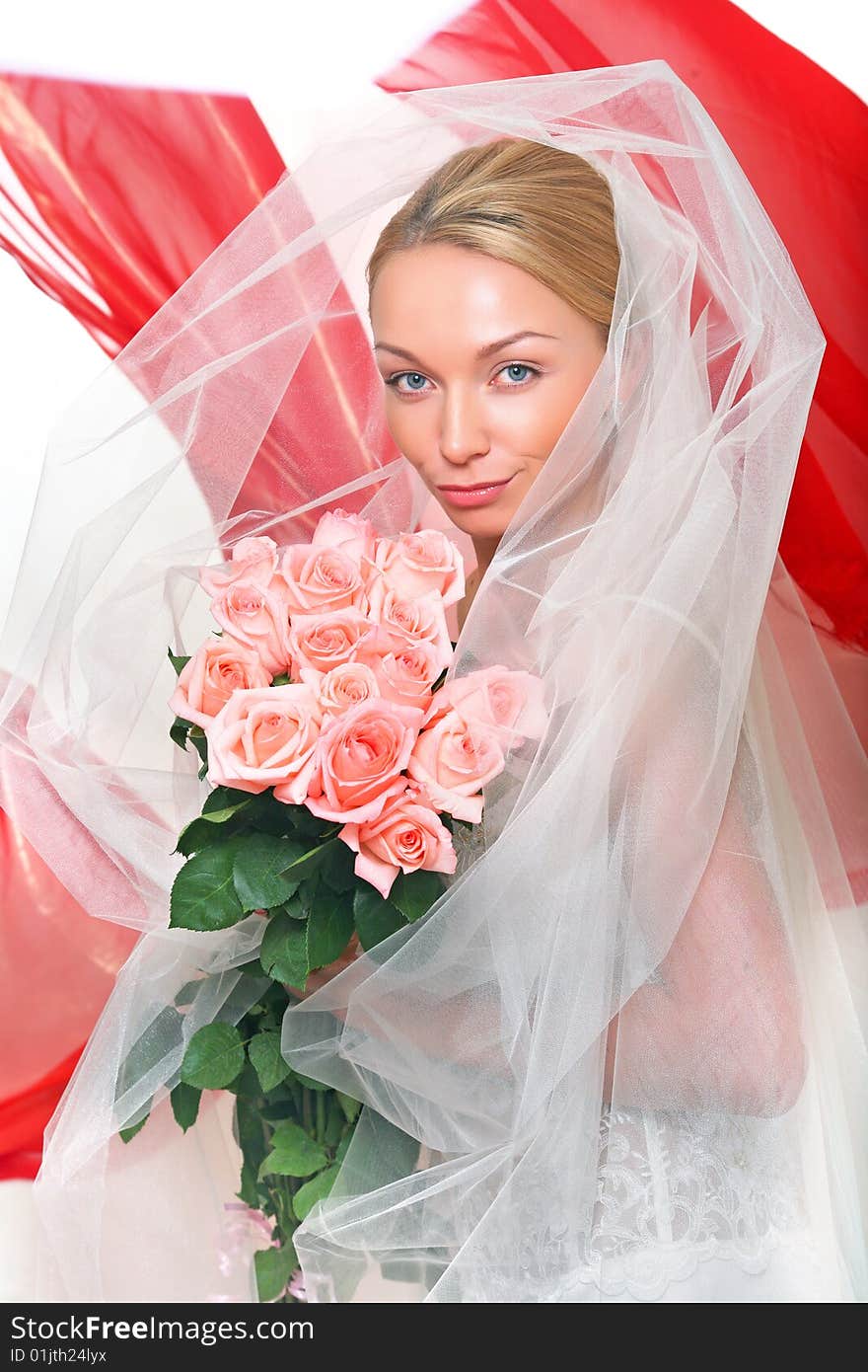 Beautiful young blonde in a veil and roses in hands, isolated on a white background, please see other photos of this series. Beautiful young blonde in a veil and roses in hands, isolated on a white background, please see other photos of this series