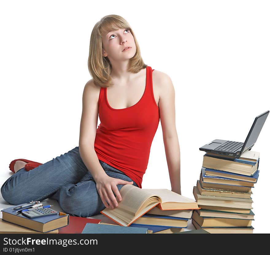 Beauty schoolgirl with book on white background