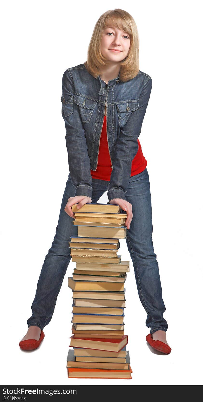 Beauty schoolgirl with book on white background