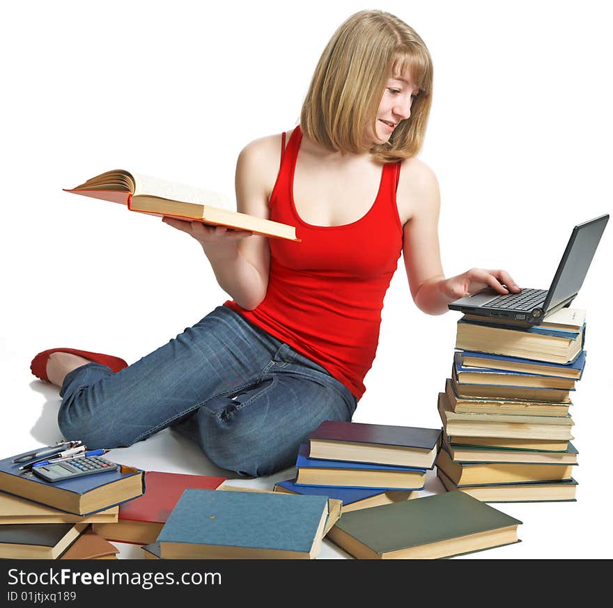 Beauty schoolgirl with book on white background