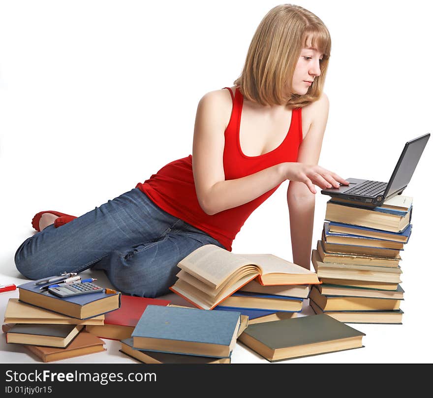 Beauty schoolgirl with book on white background