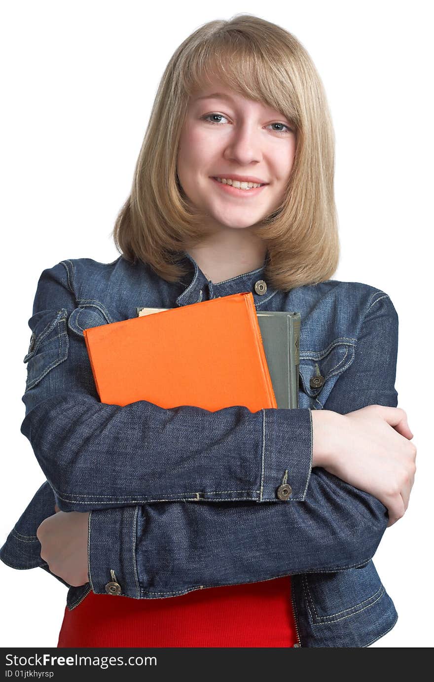 Beauty schoolgirl with book on white background