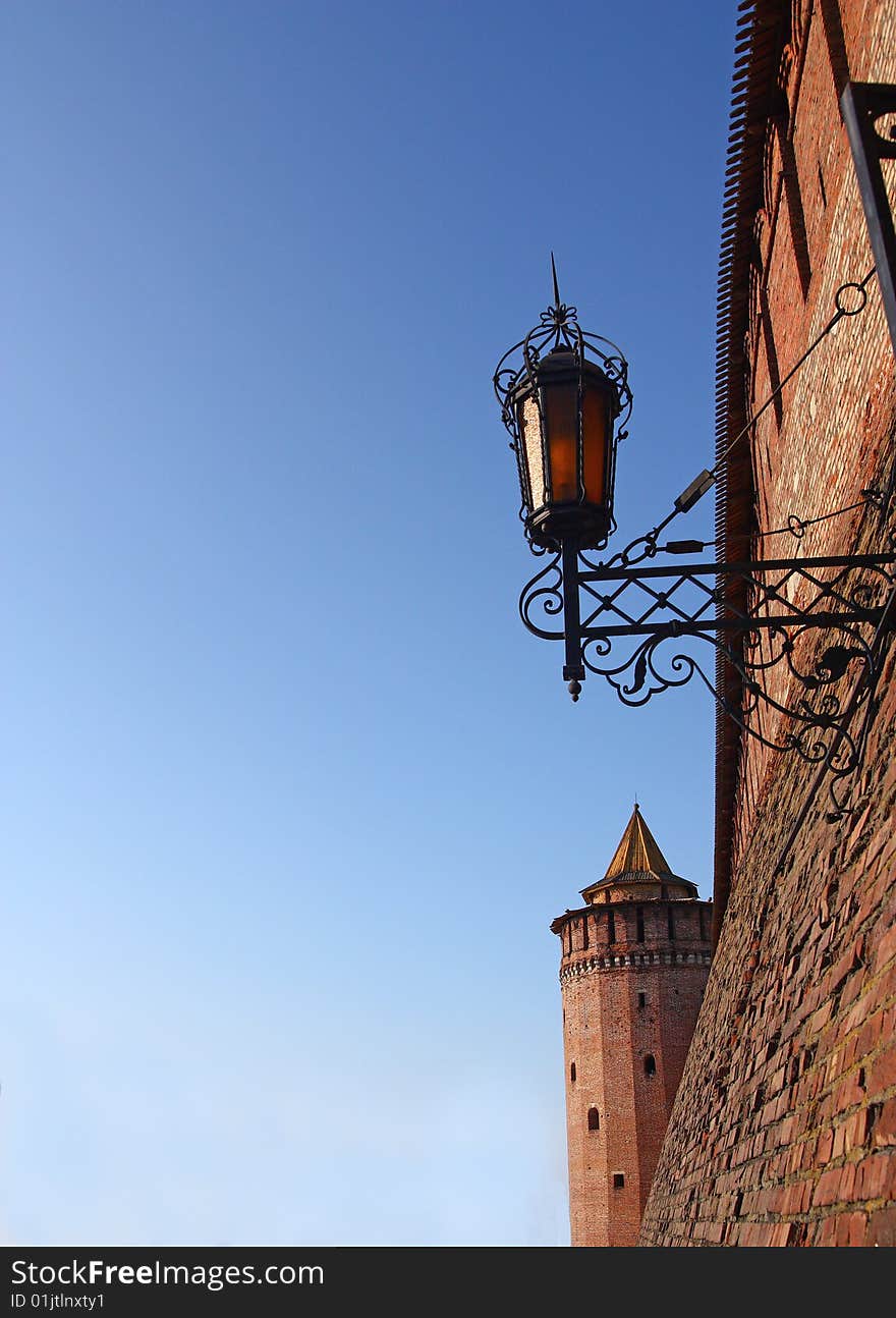 Red walls and  lantern of ancient kremlin. Red walls and  lantern of ancient kremlin