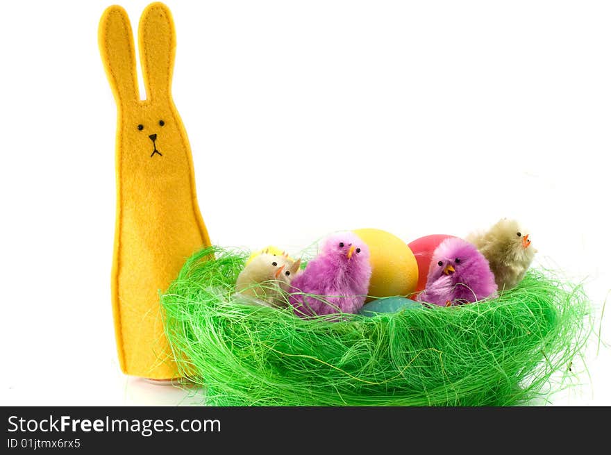 This image shows a basket full of colorful Easter eggs.