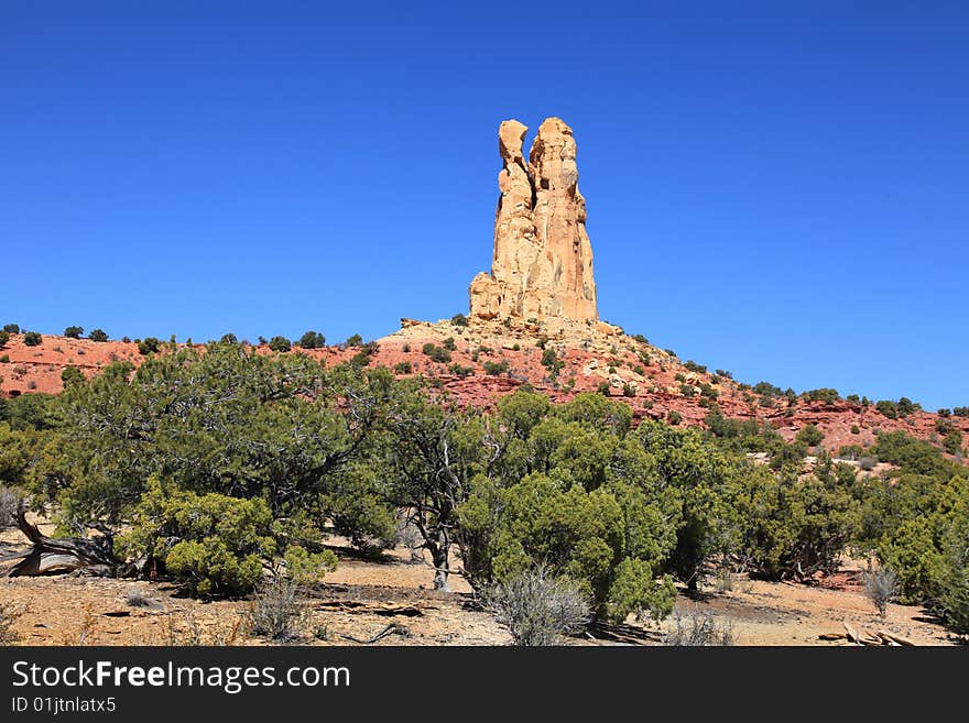 View of red rock formations in San Rafael Swell with blue sky�s