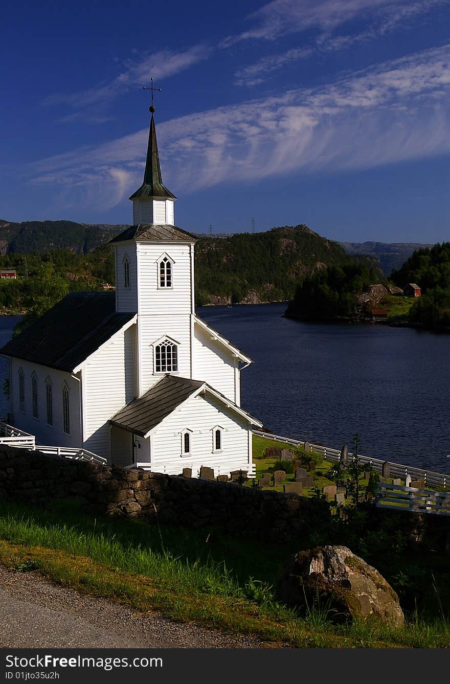 Typical Scandinavian  wooden church, Vikanes, Osterfjord, Norway. Typical Scandinavian  wooden church, Vikanes, Osterfjord, Norway