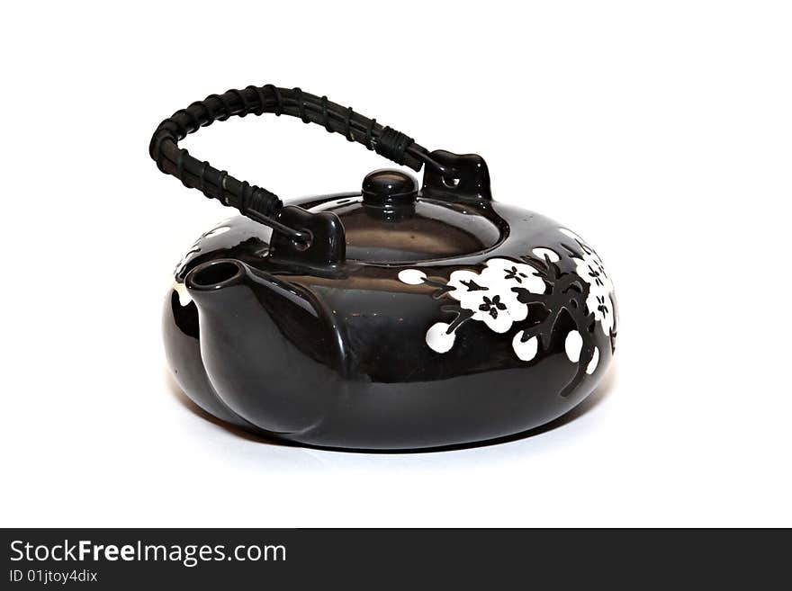 Oriental style teapot, black with wtite flowers