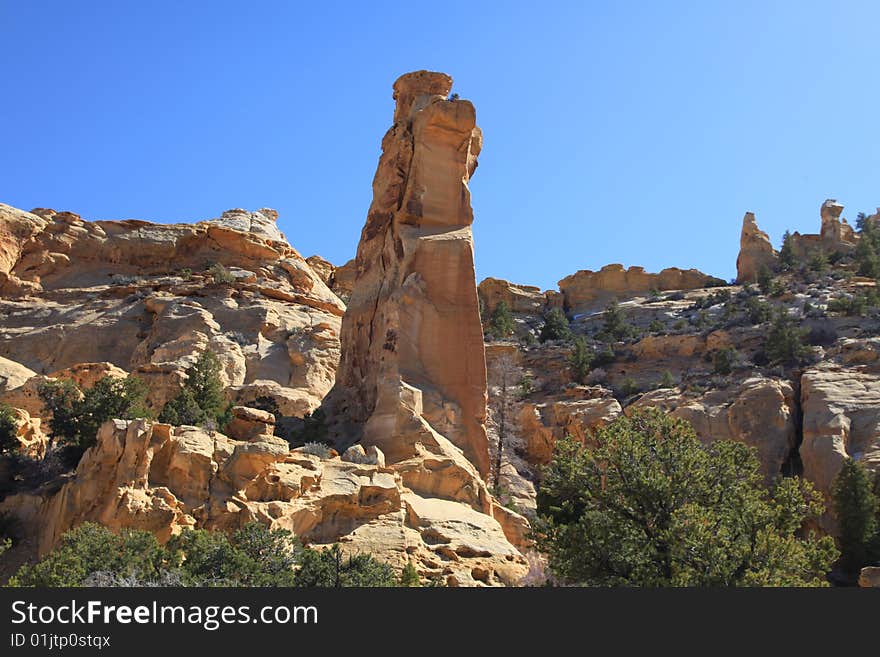 View of red rock formations in San Rafael Swell with blue sky�s