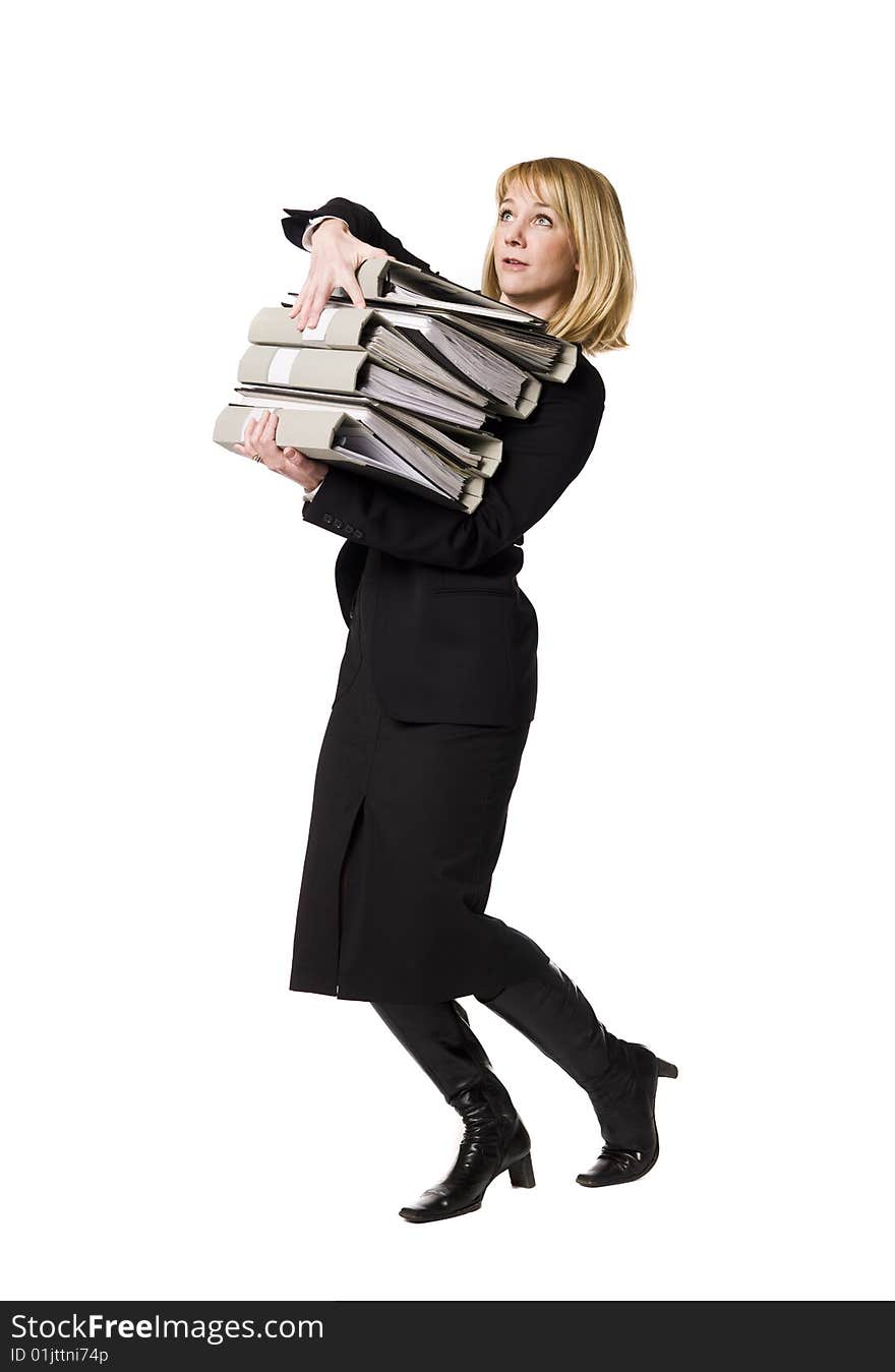 Woman overloaded with work towards white background. Woman overloaded with work towards white background