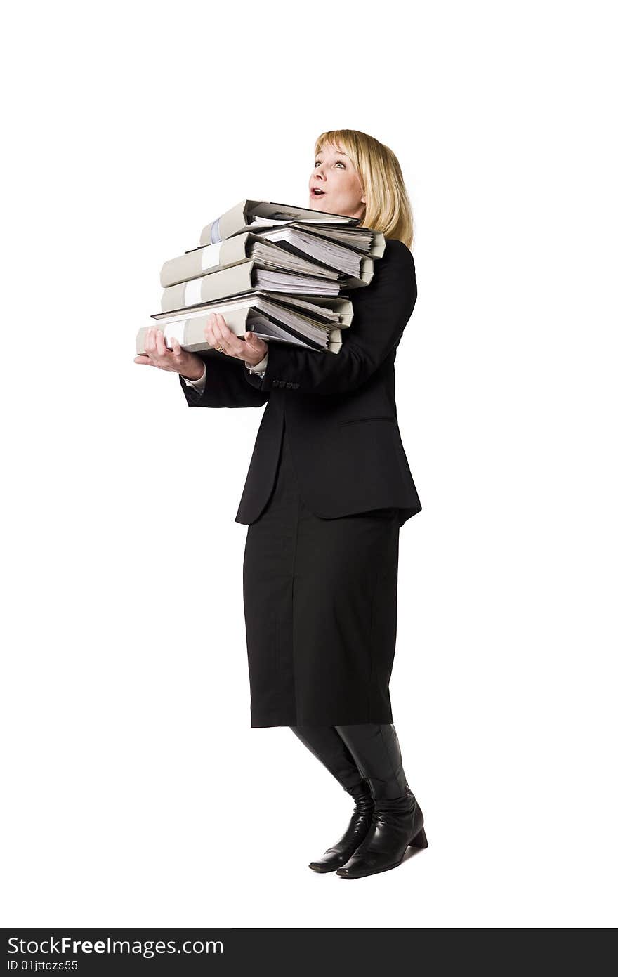 Woman overloaded with work towards white background. Woman overloaded with work towards white background