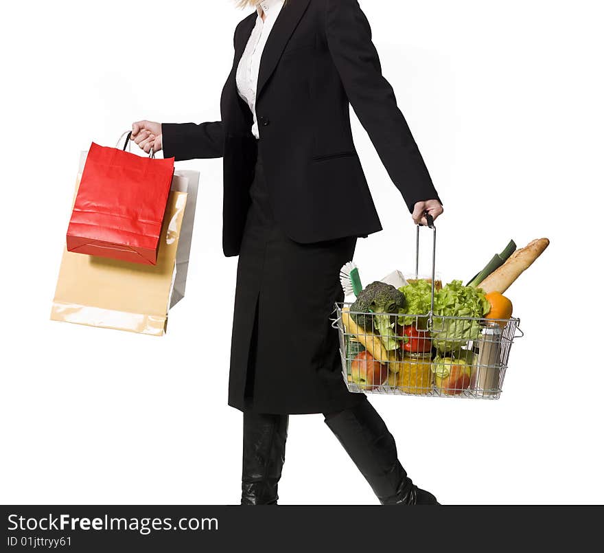 Shopping woman towards white background