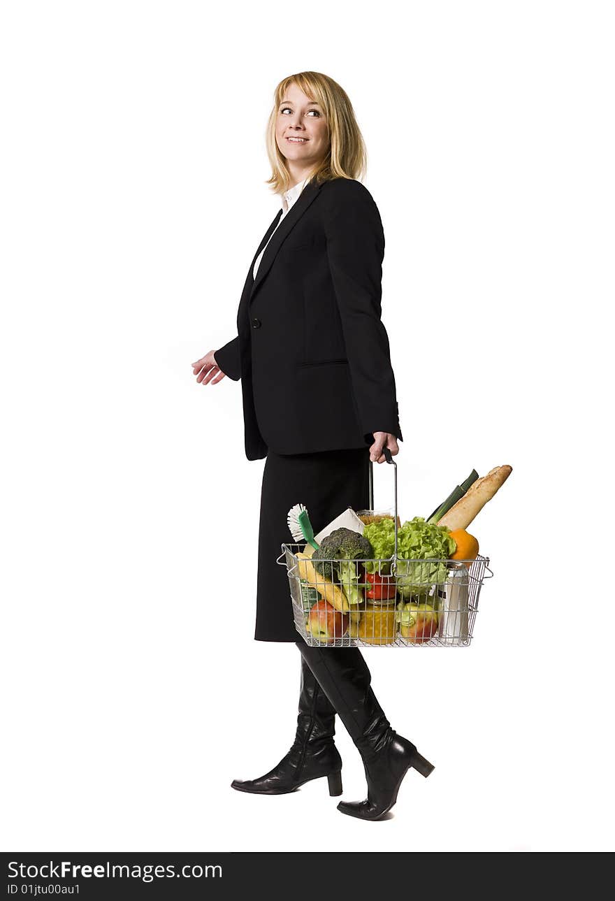 Shopping woman towards white background