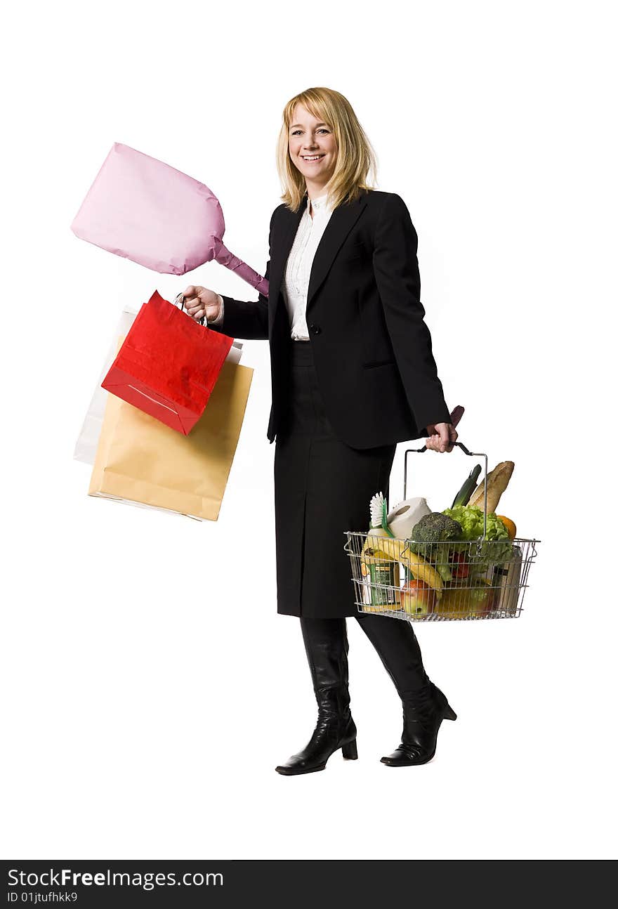 Shopping woman towards white background