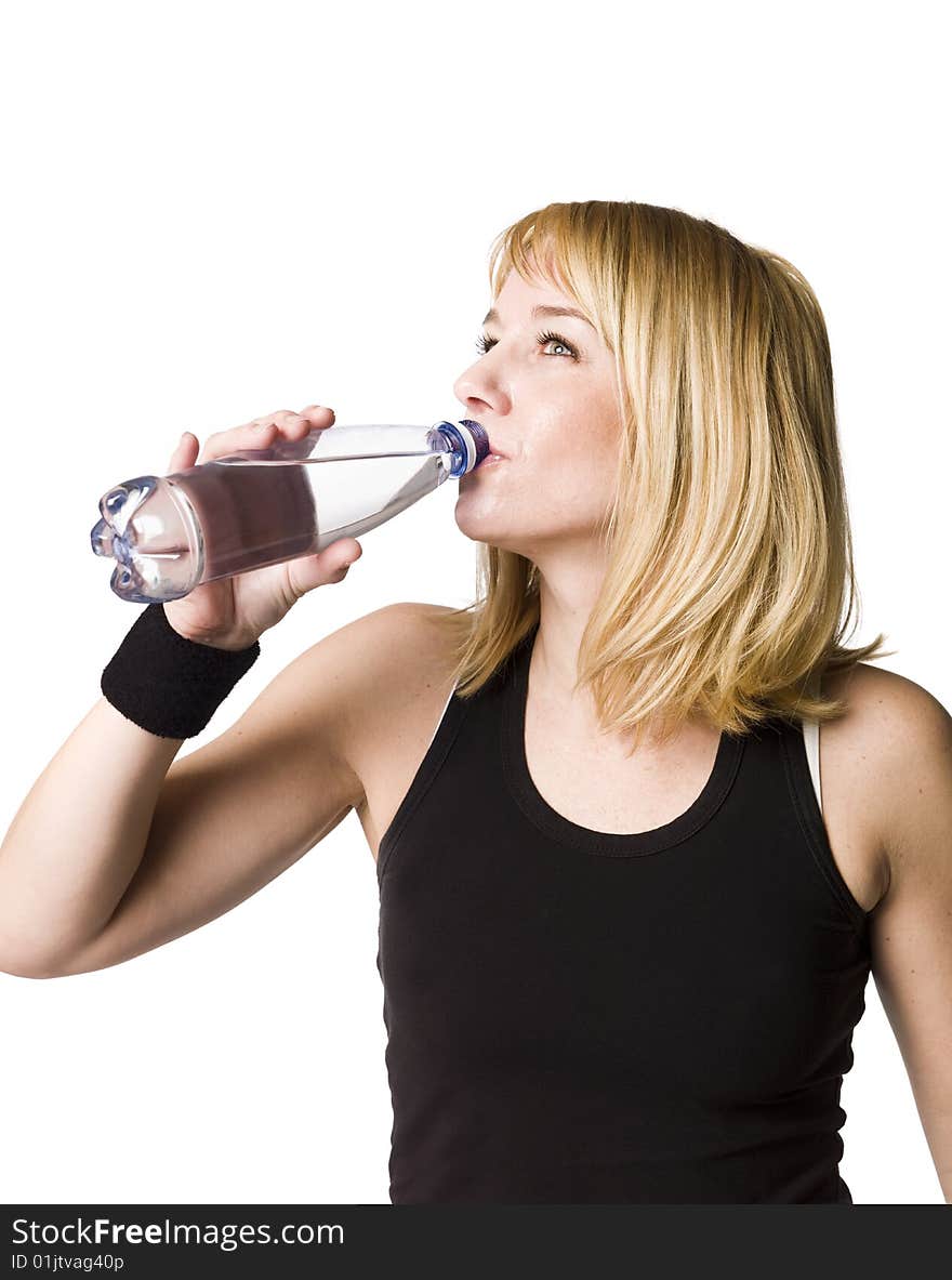 Girl drinking water towards white background