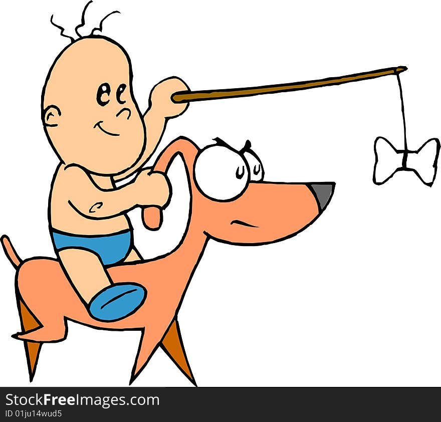 Baby riding on dog holding stick with bone