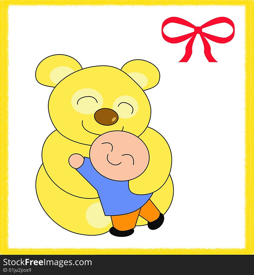 A sweet hug between a little boy and a soft yellow bear. Digital drawing. Coloured Pciture. A sweet hug between a little boy and a soft yellow bear. Digital drawing. Coloured Pciture.