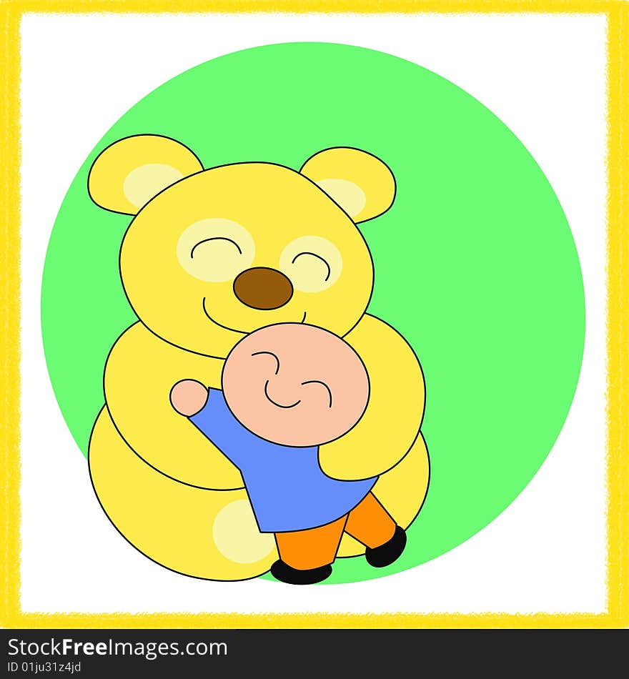 A sweet hug between a little boy and a soft yellow bear. Digital drawing. Coloured Pciture. A sweet hug between a little boy and a soft yellow bear. Digital drawing. Coloured Pciture.