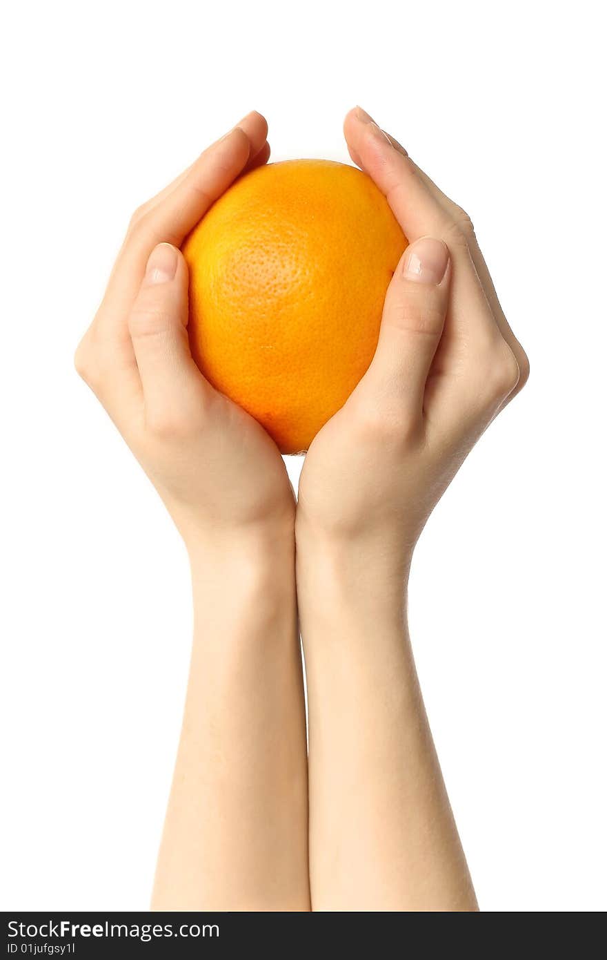 Grapefruit in human hands over white. Grapefruit in human hands over white
