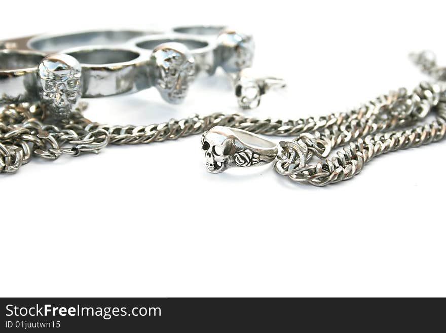 Skull rings,kastet,chain isolated on white background.